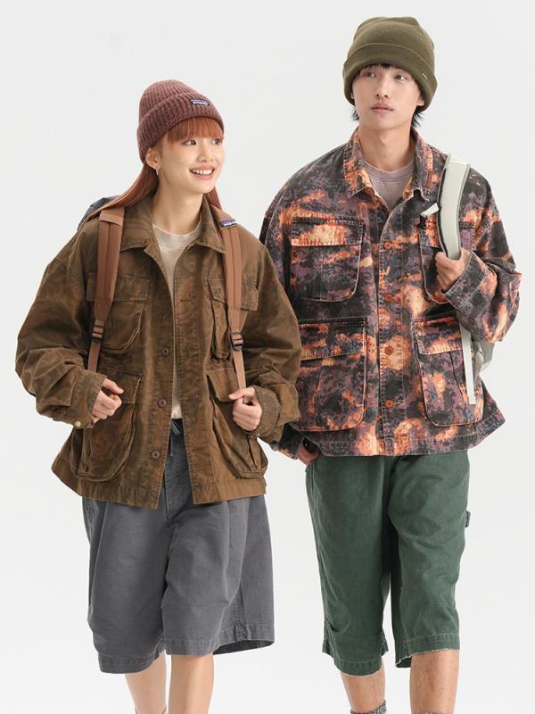 ジャケット 男性用 迷彩柄 コットン 春秋 カジュアル ミリタリースタイル リブ裾 デジタル迷彩グリーン サイバーパープル 霞光迷彩オレンジ フェザー柄ダークパープル フェザー柄ダークブラウン