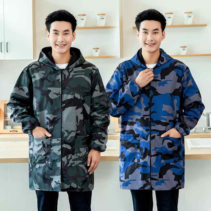エプロン 男性用 裏起毛 厚手 防水 防油 家庭用 厨房 長袖 スモック ガウン 作業服 秋冬 軍 সবুজ 迷彩 ブラック