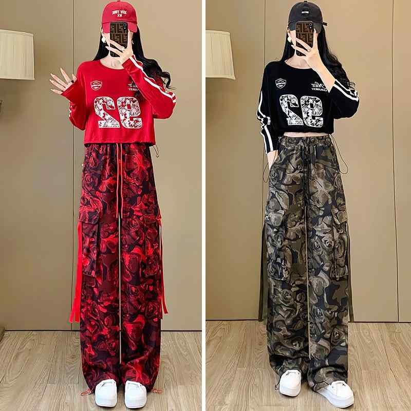 スウェット レディース 秋冬 セットアップ 迷彩 カーゴパンツ 上下セット 綿 ストリート カジュアル スタイル 黒 赤