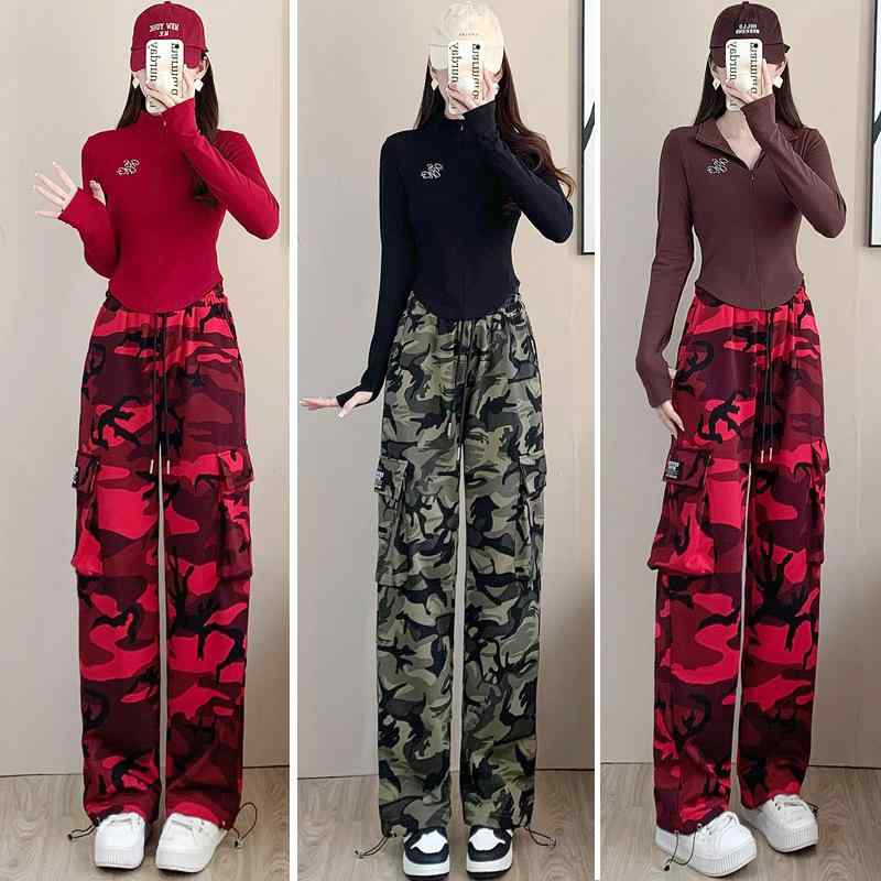 セットアップ レディース 裏起毛 秋冬 スポーツウェア トレーナー トップス 迷彩 カーゴパンツ 上下セット 綿 カジュアル ストリート レッド ブラック系 カーキ