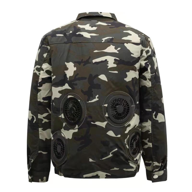 迷彩柄ファン付き作業服 メンズ長袖ジャケット スポーツ 立襟 扇風機付き 空調服 ポリエステル 紫外線..