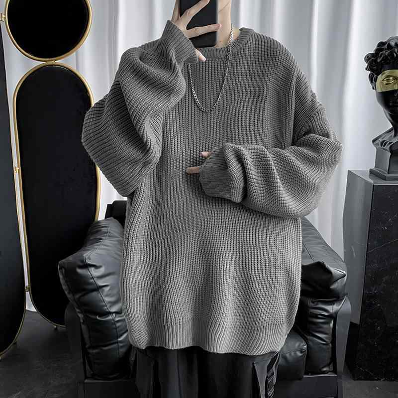 Knit Sweater - ニット メンズ ニットトップス 長袖 秋冬 厚手 ラウンドネック ゆったり 伸縮性 リブ 普段使い 黒 ブラック グレー