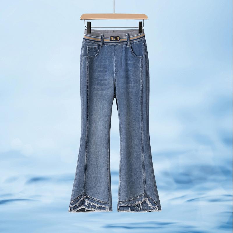 デニムパンツ レディース クロップドパンツ デニム ジーンズ ジーパン クロップド 裾フリンジ ハイウエスト 美脚 着痩せ 細見え ベルボトム ストレッチ 青 通勤 通学 普段使い 20代 夏
