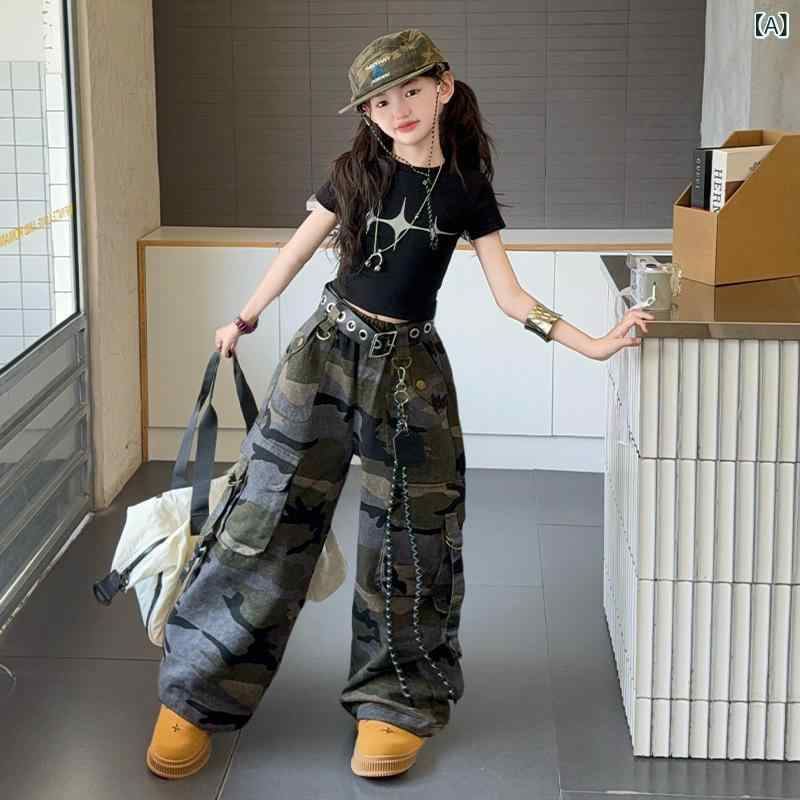 子供服 パンツセット ガールズ 半袖トップス 迷彩柄 ロングパンツ 2点セット 綿 薄...