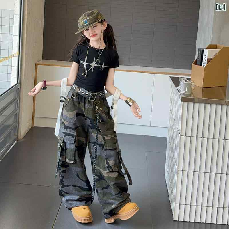 子供服 パンツセット ガールズ 半袖トップス 迷彩柄 ロングパンツ 2点セット 綿 薄...
