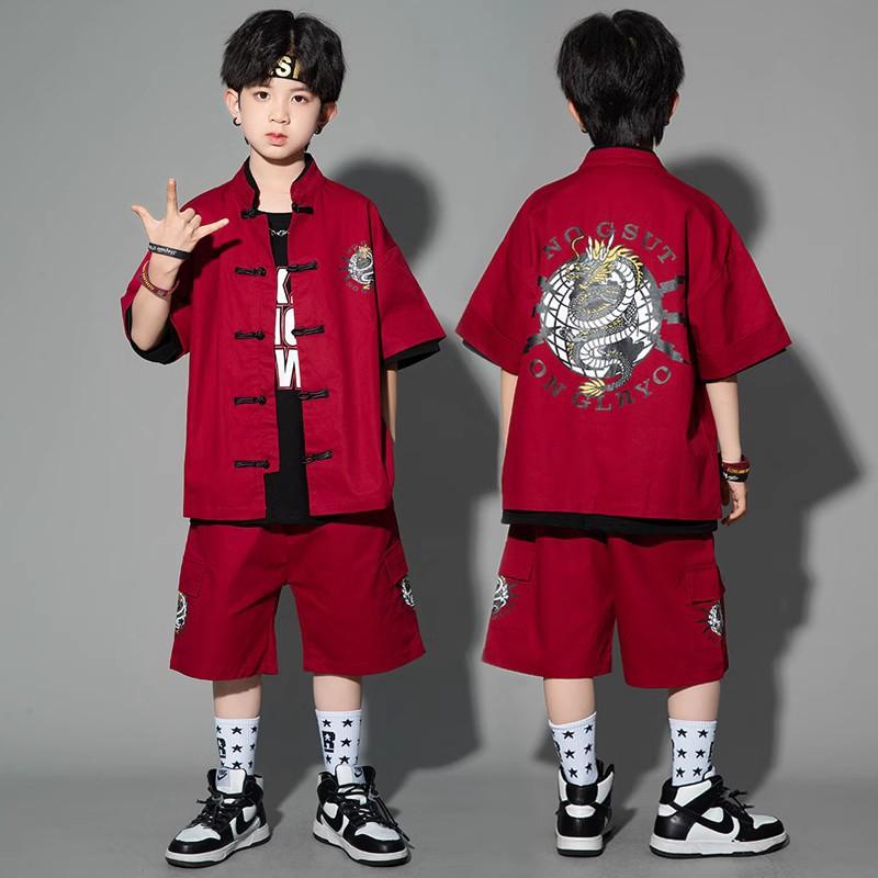 子供用ダンス衣装 キッズ 男の子 中国風 唐装 女の子 ジャズダンス 舞台演出服 セットアップ ストリート カジュアル 赤 黒 緑