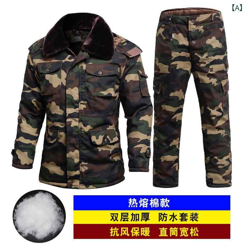 コート 男性用 迷彩柄 中綿入り ミリタリー 作業着 上下セットアップ 防寒着 防風 登山 釣り 緑 黒