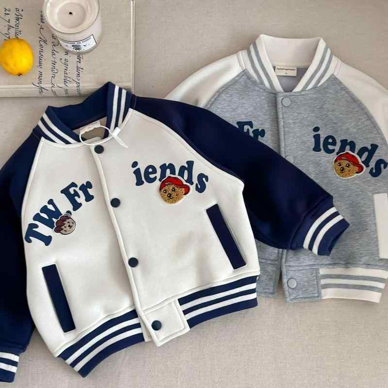 キッズ 野球 ジャケット 秋冬 小熊 アップリケ 裏起毛 男女兼用 子供 アウター ジャンパー 普段使い 防寒 80 90 100 110 120 130 140 ブルー グレー