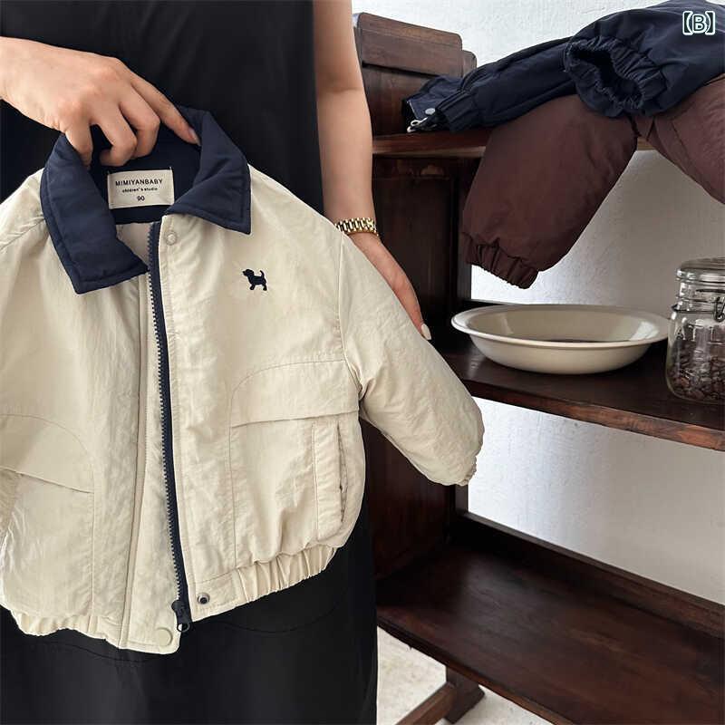 子供服 ジャケット 秋冬 男女兼用 トレンド アウター ベビー服 カートゥーン 犬柄 野球服風 襟付き 厚手 あったか 綿 長袖 90 100 110 120 130 140 センチ 黒 ブラック 紺 ネイビー ベージュ アイボリー ピンク系