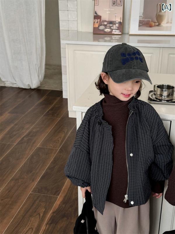 子供服 アウター ジャケット 男女兼用 格子柄 ショート丈 ブルゾン 長袖 普段使い 韓国風 ポリエステル 秋 ブルー 栗色 80cm 90cm 100cm 110cm 120cm 130cm 140cm