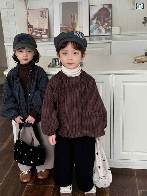 子供服 アウター ジャケット 男女兼用 格子柄 ショート丈 ブルゾン 長袖 普段使い 韓国風 ポリエステル 秋 ブルー 栗色 80cm 90cm 100cm 110cm 120cm 130cm 140cm