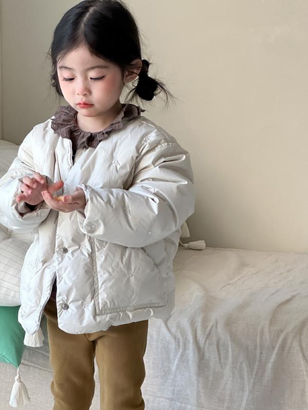 子供用ダウンジャケット 女の子用 韓国風 冬 無地 長袖 ポケット付き 桜 刺繍入り ショート丈 アウター