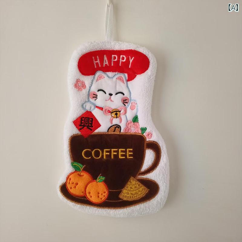 핸드 타월 고양이 무늬 산호 양털 부드러운 흡수 걸 식 부엌 세안 손 닦아 수건 귀여운 동물 무늬 코튼 혼합 경량 속건 일상 사용 선물 용 30g 23x15cm 흰색 황색