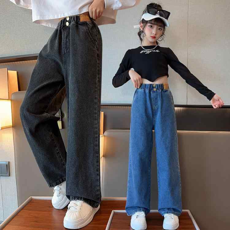 子供服 デニム ワイドレッグパンツ ガールズ ポリエステル繊維 春秋 高腰 ゆったり カジュアルパンツ 普段着 外出着 ブラック ブルー 120cm 130cm 140cm 150cm 160cm 170cm