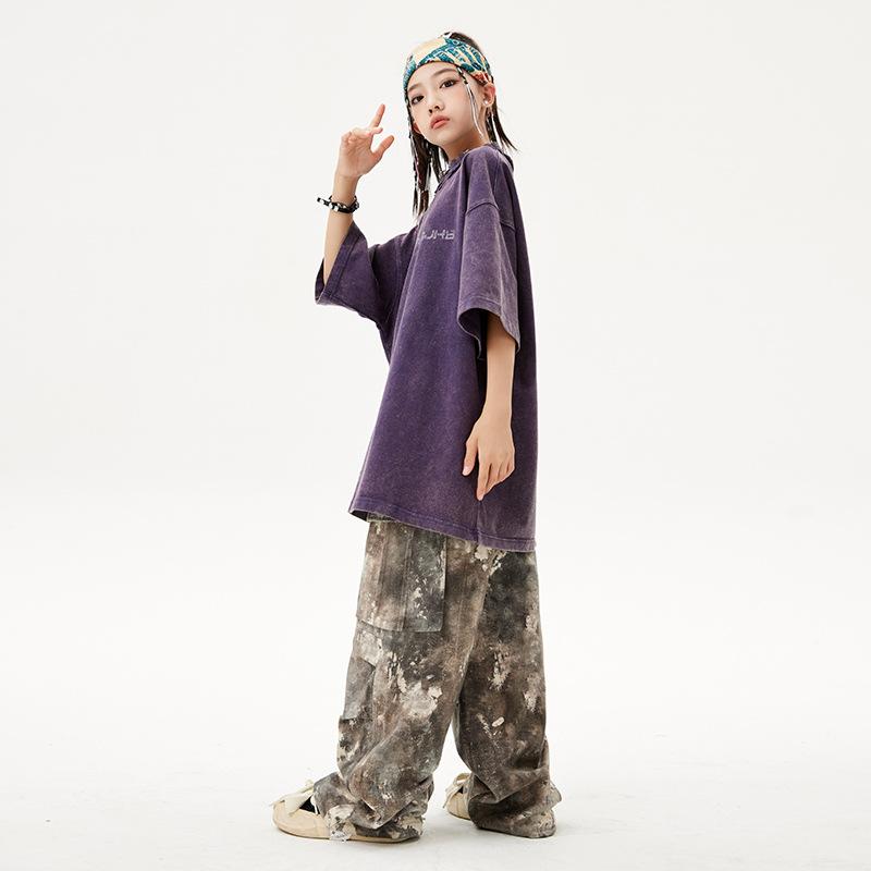 子供服 ヒップホップ ダンス衣装 男の子 女の子 迷彩柄 パンツ キッズ ストリート系 ファッション 上下セット パープル 紫 綿