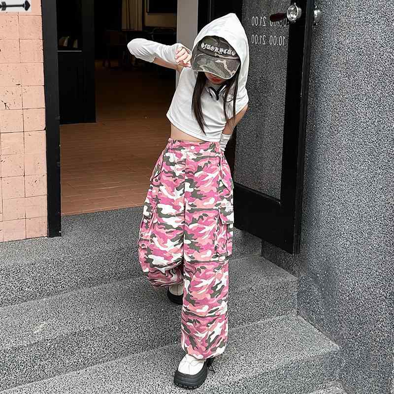 子供服 ガールズ カーゴパンツ ピンク系 迷彩柄 ストリート ダンス ジャズ ヒップホップ パンツ 高学年 春秋 綿 ウエストゴム 柔らかい