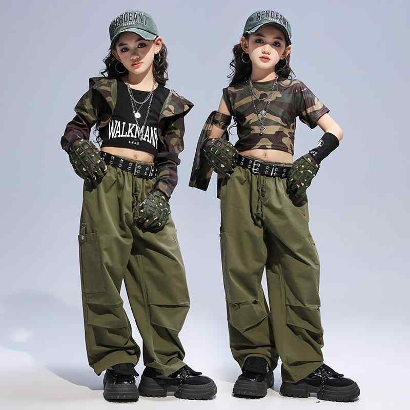 ダンス衣装 ガールズ 迷彩柄 タンクトップ カーゴパンツ セットアップ 子供 JAZZダンス ウェア 舞台衣装 キッズ ジュニア 軍 সবুজ 長ズボン 練習着 レッスン着