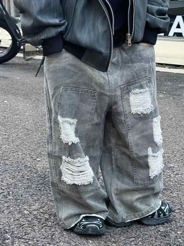 子供服 デニムパンツ 男の子 破れ加工 迷彩柄 ロングパンツ 春秋 中小サイズ ウエストゴム