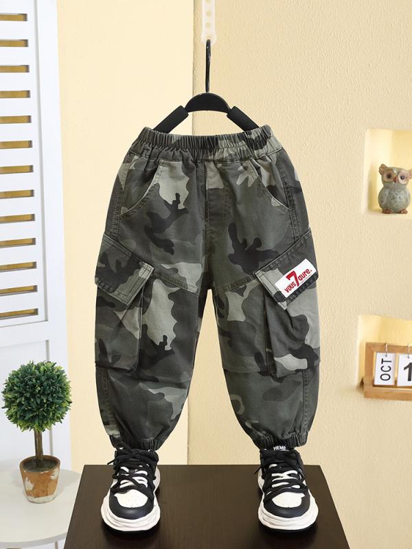 キッズ 迷彩柄 カーゴパンツ ロングパンツ 男の子 子供 伸縮性 コットン混紡 ミリタリー ワークパンツ 春秋 90 100 110 120 130 140 150 グリーン