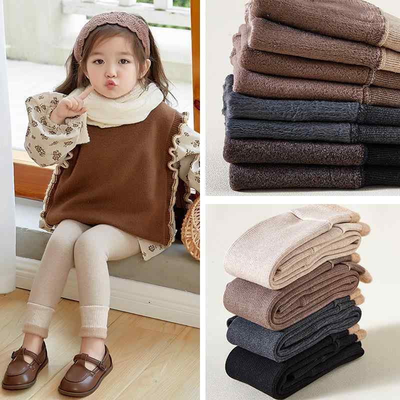 Kids' Fleece-Lined Leggings for Girls, 9/10 Length, with Fur Trim, Winter Wear, Cotton, for Toddlers (Ages 1-15), Striped, Solid Color, Cute, Gray, Black, Beige