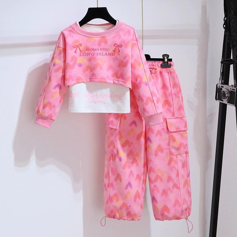 Rakuten - 子供用スウェットセットアップ 女の子 秋物 3点セット 迷彩柄 スポーツウェア 長袖 長ズボン 普段着 ピンク系