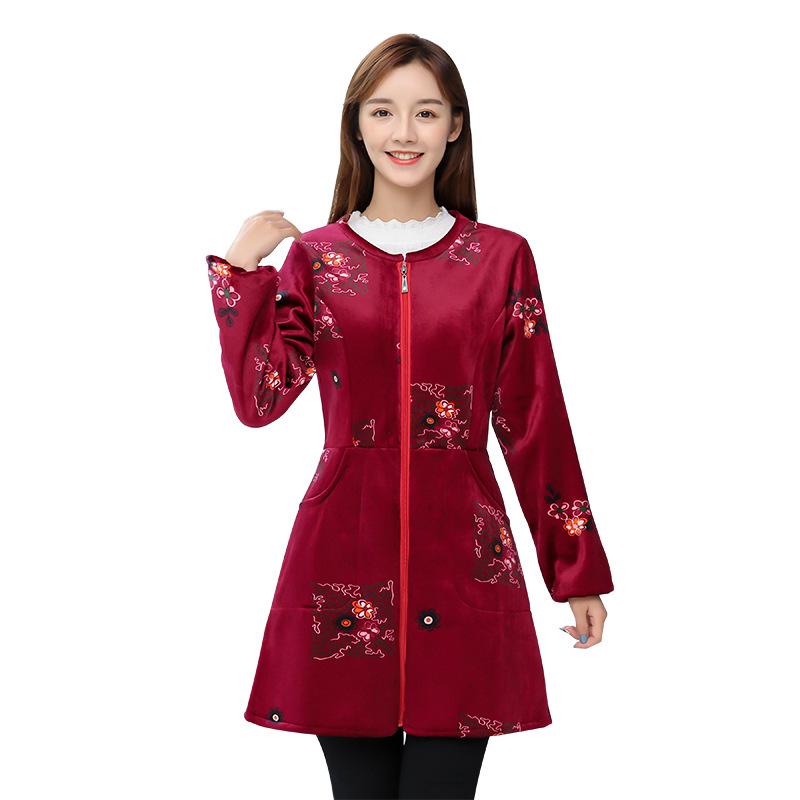 エプロン レディース 長袖 割烹着 裏起毛 あったか 防寒 汚れ防止 コーデュロイ 作業着 普段使い 水晶绒（繁华似锦）花开富贵 藍底米奇 红底米奇 藍底樱桃 藍底爱心 玫红色 红底爱心 灰底米奇 红迷彩 藍底小兔 L XL XXL 3XL 4XL