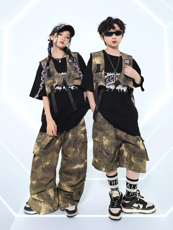 ダンス衣装 キッズ 男の子 迷彩 セットアップ 子供 ストリート ダンス ウェア ヒップホップ ジャズダンス 衣装 トップス パンツ 上下セット 舞台 演出服 練習着 レッスン着 ボーイズ ガールズ 子供服 綿