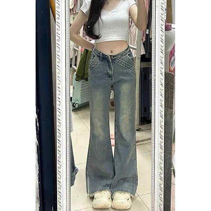 牛仔パンツ レディース ハイウエスト 微ラッパ フレア ロング丈 復古 ブルー 綿混 微弾性 通勤風 気質 春秋 オールシーズン 修身 スリム 显瘦 毛边 裾フリンジ 百搭 合わせやすい 軽量 ストレッチ デニム 普段使い カジュアル
