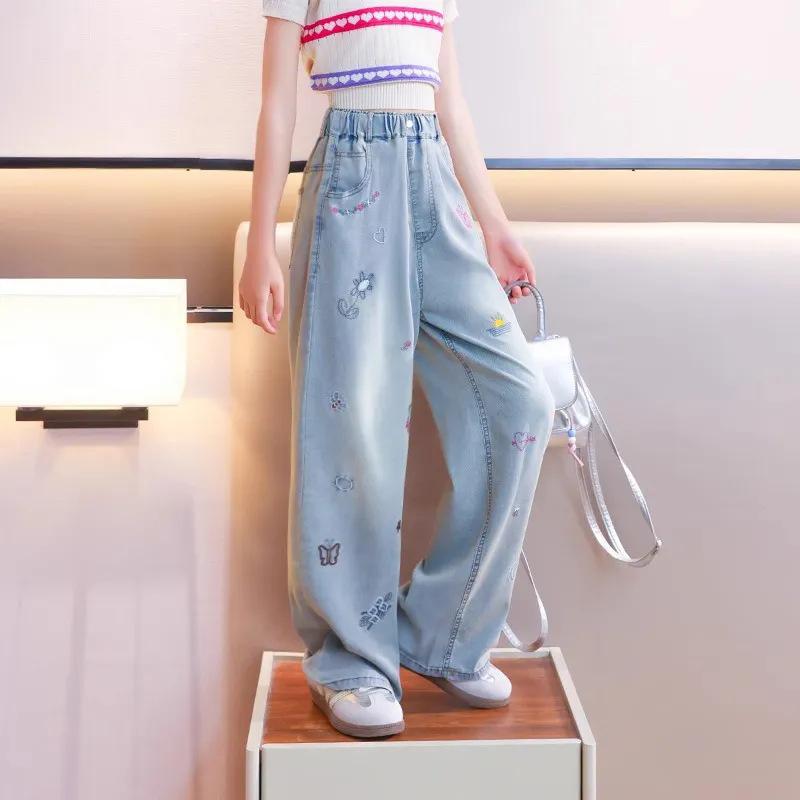 キッズ デニムパンツ 女の子 子供 接触冷感 ワイドレッグパンツ 高学年 春秋 高身長 ゆったり 普段着 120cm 130cm 140cm 150cm 160cm 170cm