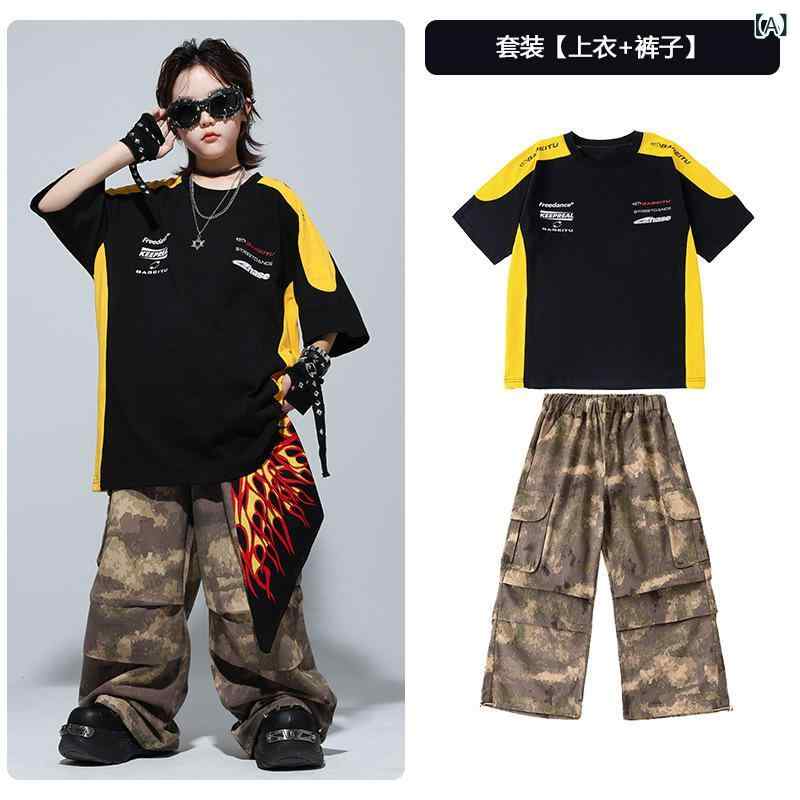 ダンス衣装 キッズ 男女兼用 子供 迷彩柄 ズボン トップス 上下セット 舞台 演出服 ヒップホップ ストリートダンス ファッション 春夏