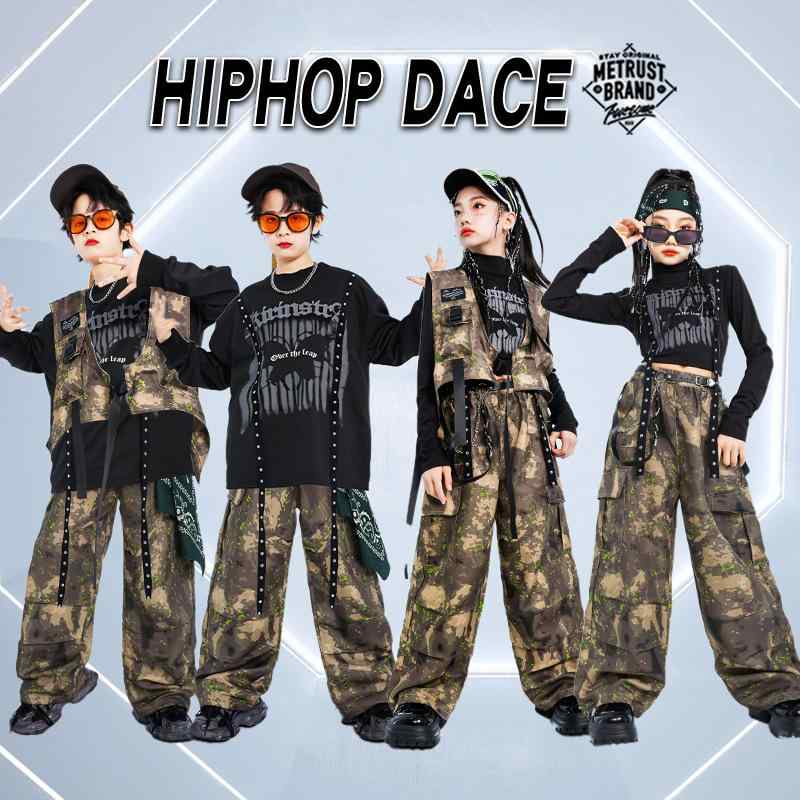 ダンス衣装 キッズ 男女兼用 ヒップホップ 迷彩 セットアップ ジャズダンス 舞台演出服 ポリエステル繊維 春秋 デザートカラー パンツ トップス ベスト付き