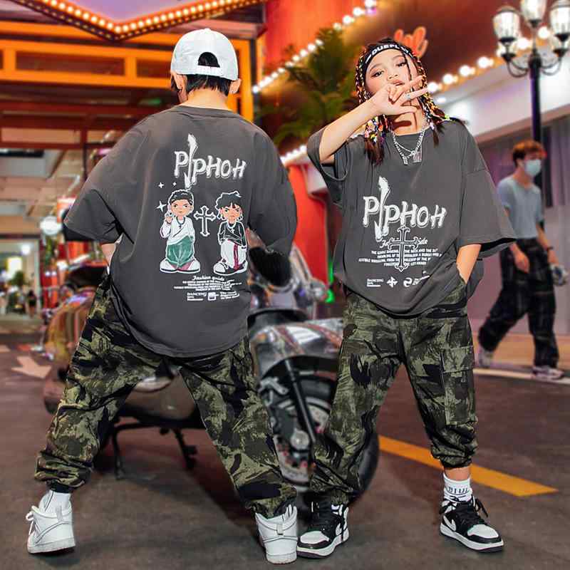 子供用ダンス衣装 キッズ 男の子 女の子 迷彩柄 スポーツウェア セットアップ 発表会 舞台 演出服 半袖 長ズボン ジャズダンス ヒップホップ