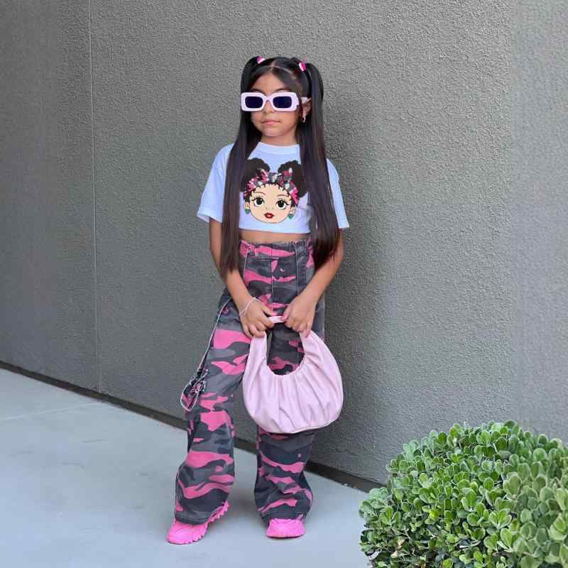 キッズ 女の子 セットアップ Tシャツ 迷彩 ヒップホップ カーゴパンツ 2点セット 1...