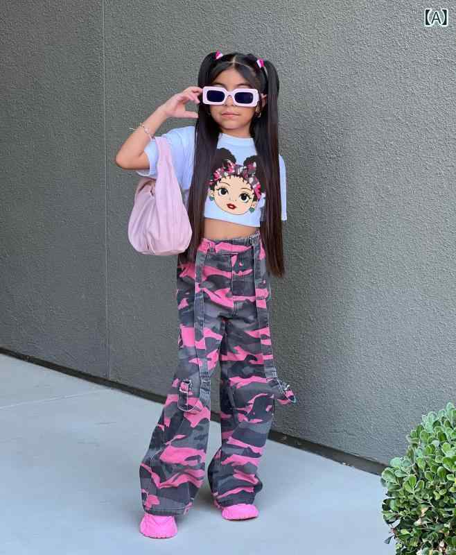 キッズ 女の子 セットアップ Tシャツ 迷彩 ヒップホップ カーゴパンツ 2点セット 1...