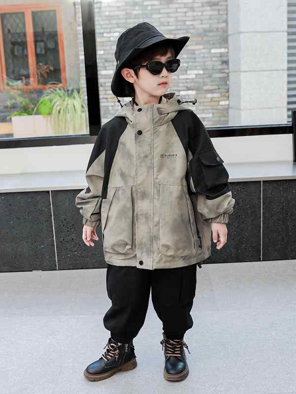 キッズ アウター 男の子 迷彩柄 ジャケット 春秋 高襟 長袖 ポリエステル ミリタリー ワーク ブラック