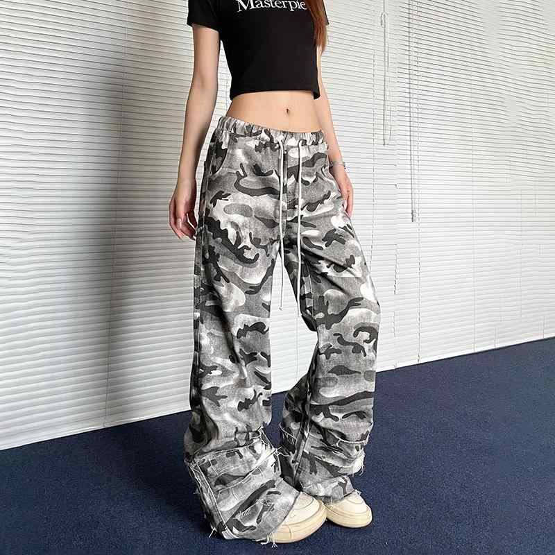 カーゴパンツ レディース ミリタリー 迷彩柄 ワークパンツ ストリート カジュアル ワイドレッグ ズボン ボトムス 春秋
