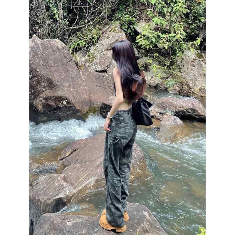 デニム レディース 迷彩柄 カーゴパンツ ワイドパンツ ストレート 高腰 ワークパンツ ジーンズ ジーパン Gパン カジュアル アメカジ ミ..