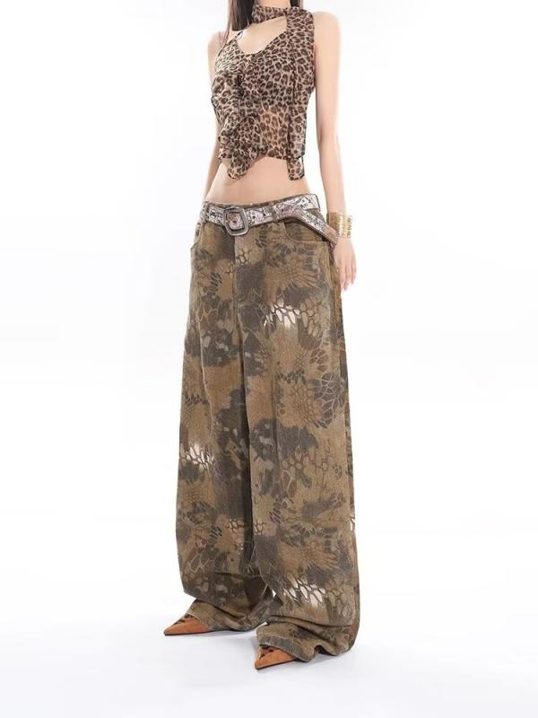 Cropped Pants - デニム レディース 水洗い加工 USED加工 迷彩柄 ワイドパンツ ストレートパンツ イージーパンツ 高見え 普段使い ストリートファッション ヒップホップ風 イエロー ブラック