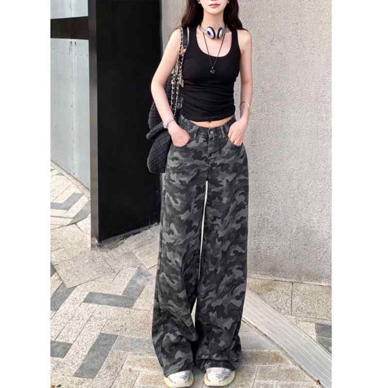 デニム レディース 春夏 高腰 ワイドレッグ 迷彩柄 ジーンズ ジーパン ゆったり ストレートパンツ ロングパンツ(4)