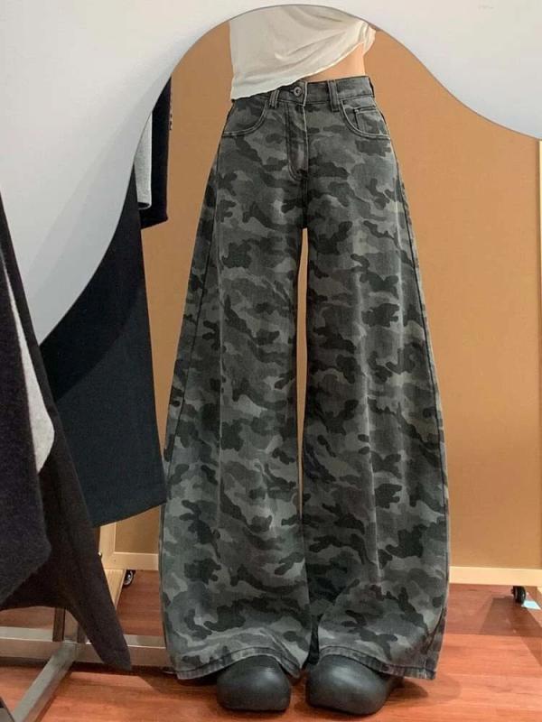 デニム レディース 迷彩柄 高腰 ワイドレッグ ストレート カーゴパンツ 春夏 綿混紡