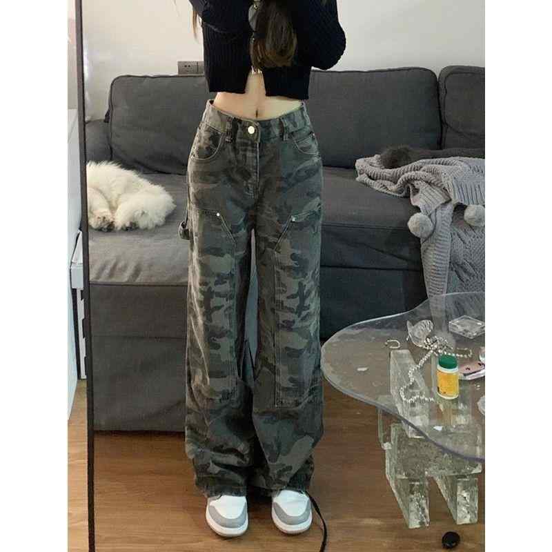 デニム レディース 迷彩柄 カーゴパンツ ワイド ストレート 高見え ミリタリー 緑 グリーン XS S M L XL 2XL ウォッシュ加工 普段使い 通勤 通学