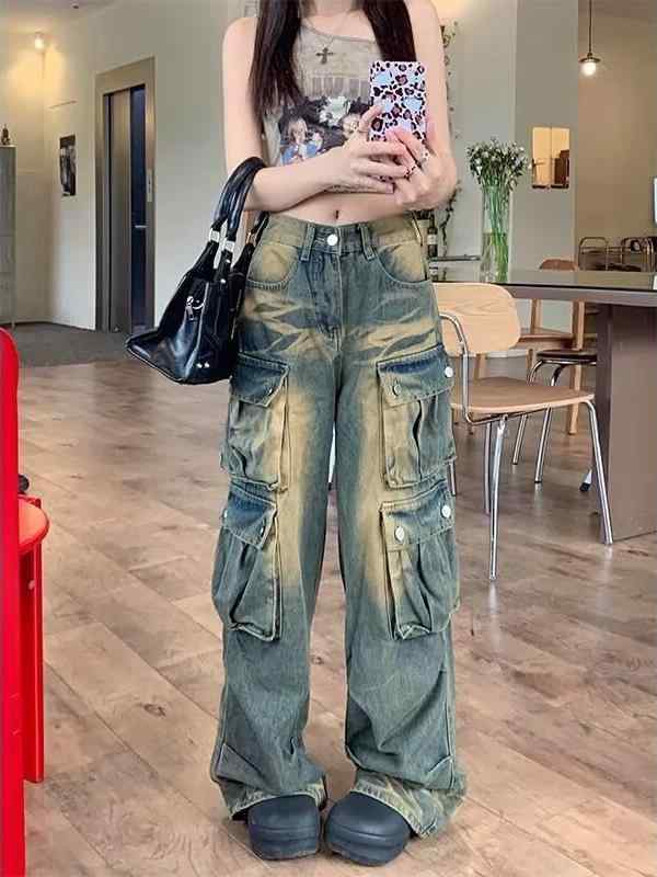 デニム レディース デニムパンツ ジーンズ ジーパン ワイド ゆったり ハイウエスト ストリート 春秋 古着風 ダメージ加工 ウォッシュ加工 ルーズ