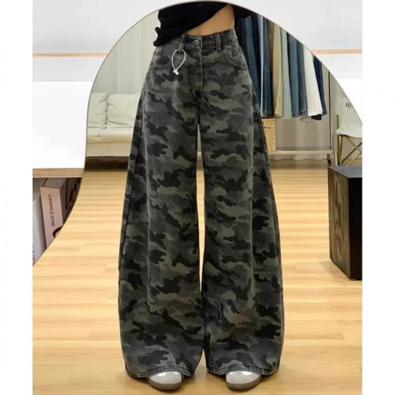 ジーンズ レディース 高腰 ワイドレッグ デニムパンツ 迷彩柄 ゆったり ストレート 通勤 通学 カジュアル ブラック グレー系