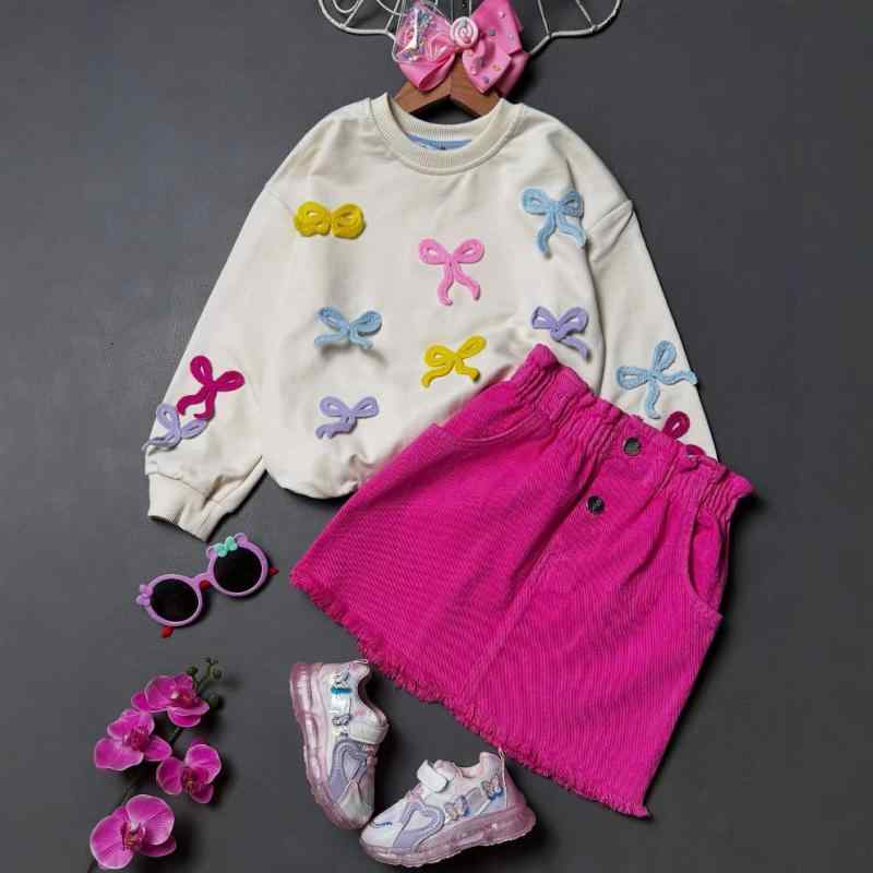 子供用セットアップ ガールズ 2点 セット 長袖トップス ミニスカート 蝶結び付き 無地 秋冬 普段着 3歳 4歳 5歳 6歳 7歳 綿90% 玫红色 紫色