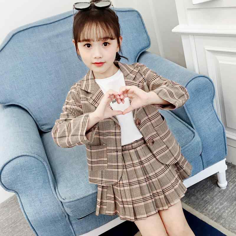 子供用スーツ 女の子 チェック柄ジャケット プリーツスカート 2点セット 春秋 韓国風 かわいい おしゃれ 普段着 お出かけ着 ポリエステル