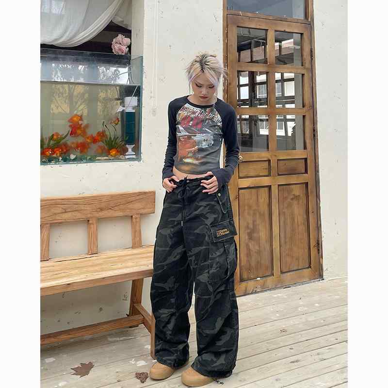 Cropped Pants - カーゴパンツ レディース 美式レトロ 迷彩柄 ワークパンツ ワイドレッグ ハイウエスト ポリエステル ストレートパンツ 秋冬 カジュアル スタイル