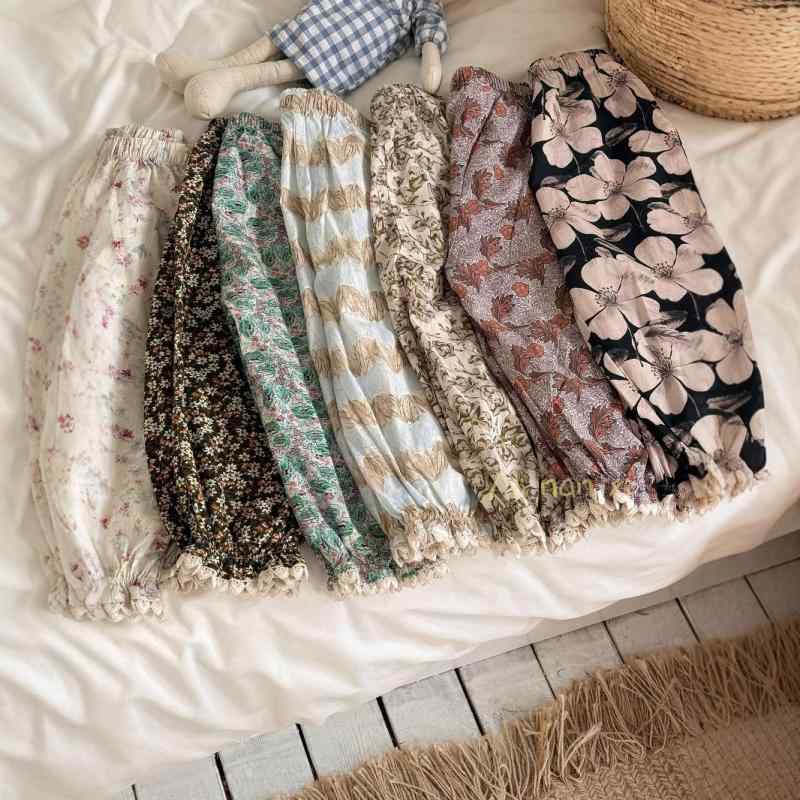 Girls' 9/10 Length Pants, Small Floral Print, Cotton, Floral Lace, 7 Colors, Mosquito Repellent Pants, Girls Ages 3, 4, 5, 6, 7, 8, Sizes 90cm, 100cm, 110cm, 120cm, 130cm, Korean Style