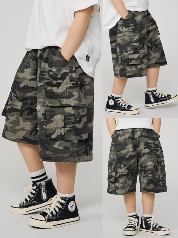 パンツ キッズ 子供用 アメリカンレトロ ダメージ加工 ハーフパンツ ミドル丈パンツ ゆったり ワークパンツ 迷彩柄 カモフラージュ柄 100cm 110cm 120cm 130cm 140cm 150cm 160cm(x2)