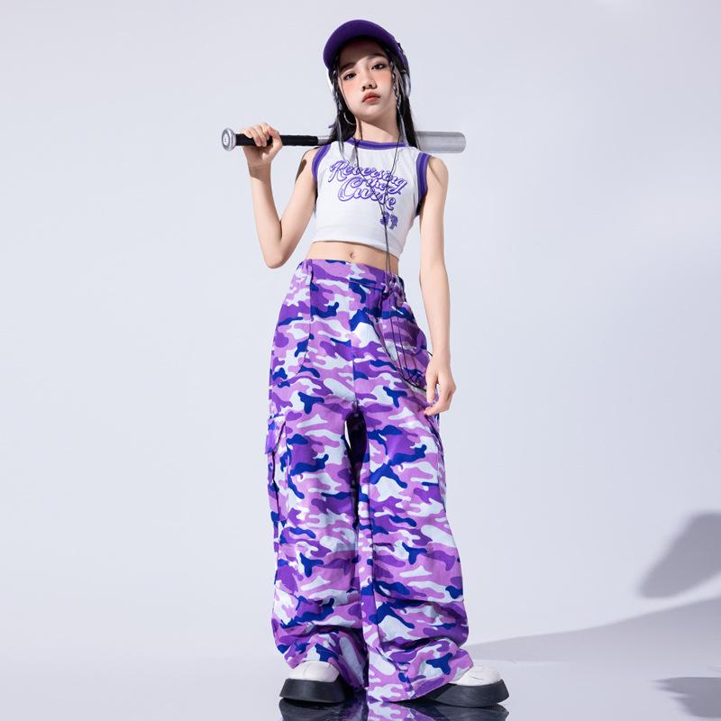 ダンス衣装 キッズ 女の子 紫色迷彩柄パンツ セットアップ 子供 発表会 HipHop ジャズダンス 練習着 レッスン着 ガールズ 舞台演出服 110cm 120cm 130cm 140cm 150cm 160cm 170cm 180cm
