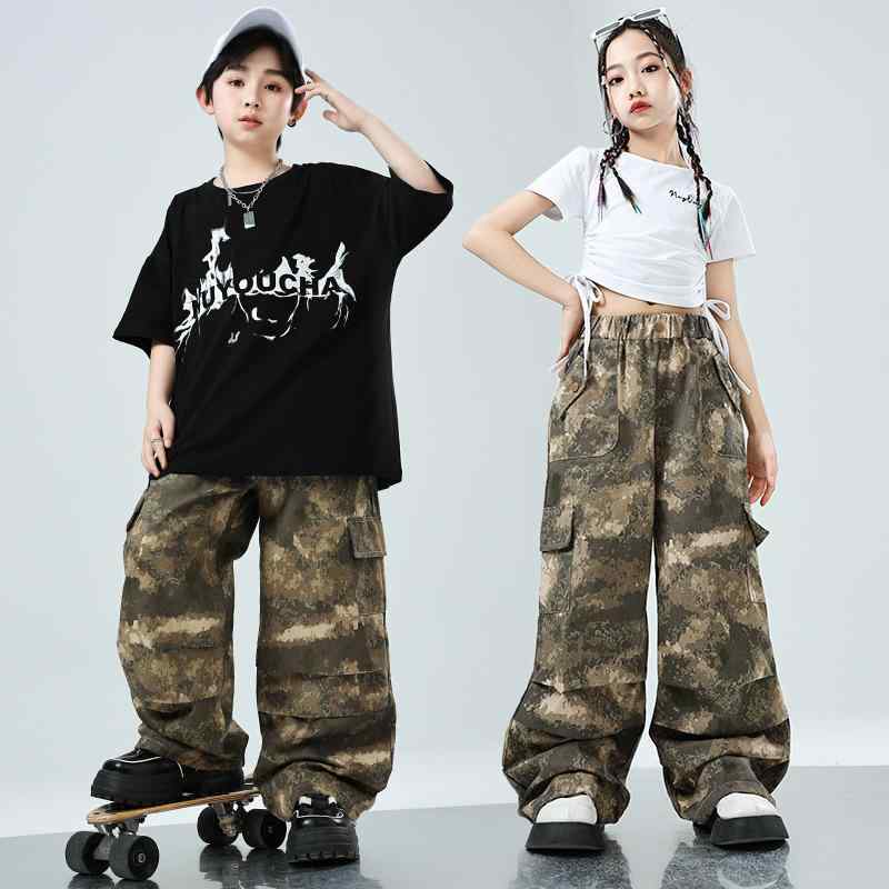 ダンス衣装 キッズ 子供 女の子 男の子 迷彩柄 パンツ ジャズダンス ヒップホップ ストリートダンス 練習着 レッスン着 ダンスウェア 上下セット Tシャツ トップス カットソー 綿